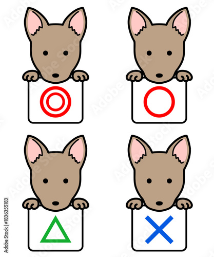 マルバツ、正解・不正解の札を持つ犬