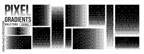 Dither pattern square and fade pixel background with dot effect line. Vector defragmentation element and icon techno disappear with illustration mosaic graphic. Geometric dither burst.
