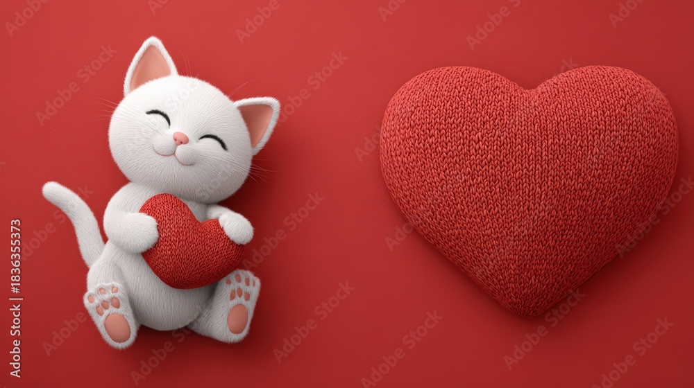 Obraz premium Adorable kitten holding heart with knitted heart on red background for valentines day poster