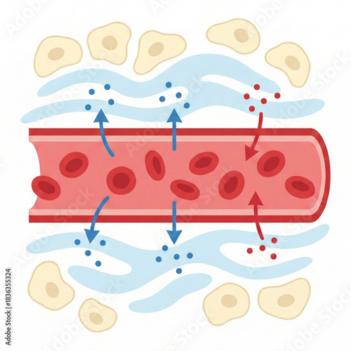 Understand human blood vessels with this clear illustration showcasing nutrient and waste exchange, perfect for medical education and health awareness campaigns
