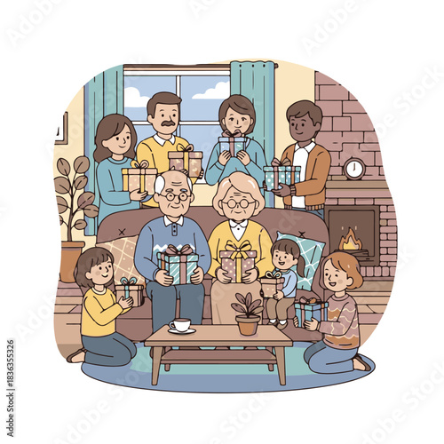 A multi-generational family gathers in a cozy living room, exchanging wrapped gifts during a festive occasion.
