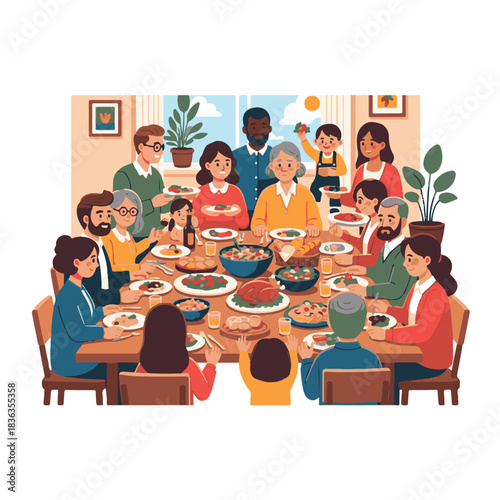 A large family gathers around a table laden with food for a festive meal, sharing dishes and enjoying each other's company in a bright, inviting home.