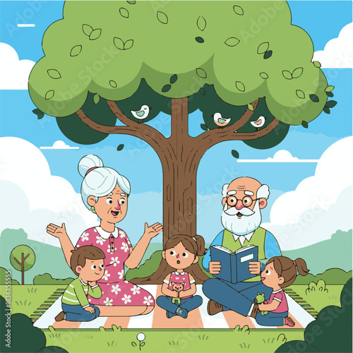 Grandparents reading a book to their grandchildren under a large tree in a park setting, with birds in the branches and a picnic blanket.