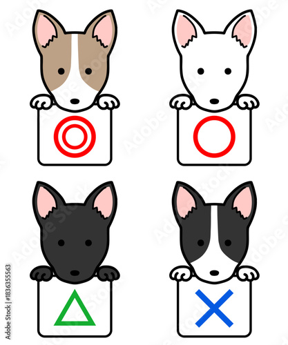 マルバツ、正解・不正解の札を持つ犬