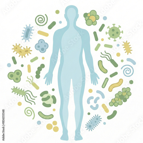 Explore human microbiome health with vibrant illustrations of diverse bacteria and viruses, perfect for medical research, health education, and scientific publications