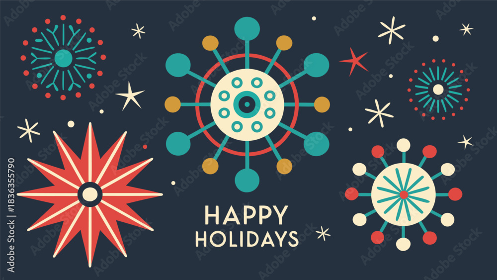 Fototapeta premium Happy Holidays printable banner, card, vector with Christmas snowflake card, winter, clipart, modern graphic snowflakes, business, Holiday card background, unique, simple style geometric shapes