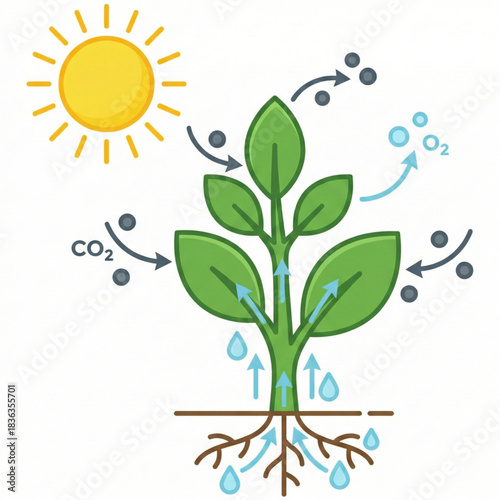 Illustrative plant diagram showcasing photosynthesis with sun, water, and carbon dioxide for educational resources and environmental awareness campaigns