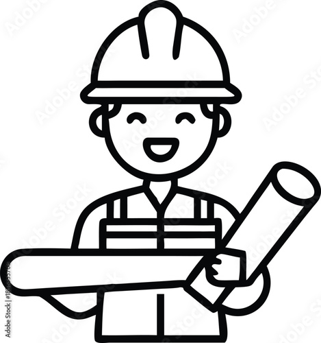 A smiling engineer in hardhat and vest is holding blueprints on white background