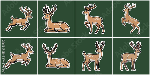 Majestic Wild Deer and Stag Icon Set with Large Antlers in Action and Rest Poses for Hunting Themes Nature Projects Wildlife Campaigns and Outdoor Lifestyle Design