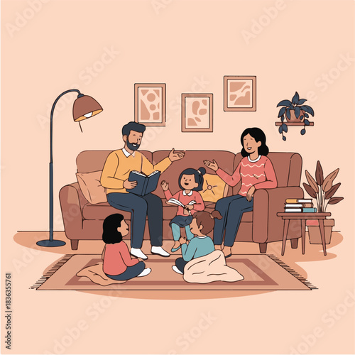 A family of five, including parents and three children, are gathered in their living room, reading and enjoying quality time together.