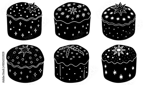Illustration of six decorated easter cakes in black and white with star and dot patterns and wavy lines