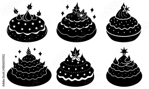Illustration of six stylized christmas puddings with various toppings and decorations in black and white