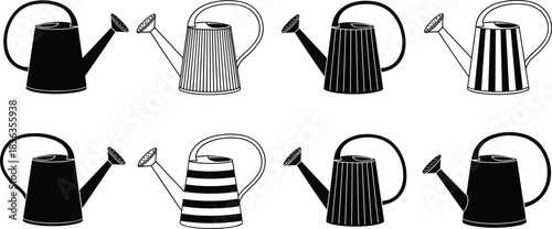 Set of Watering Cans Vector Illustration, Various Designs with Stripes and Patterns, Black and White Outline Icons for Gardening and Plant Care