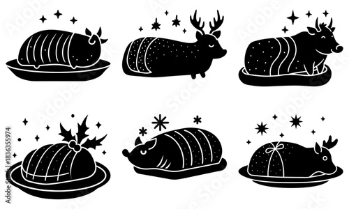 Illustration of six stylized animal shaped holiday puddings with star decorations around them