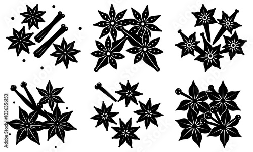 Illustration of six groupings of star anise and cinnamon sticks in a black and white design