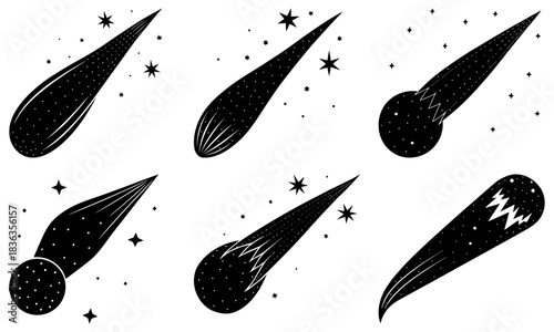 Illustration of six black and white comets with varying tail designs and scattered star accents around them