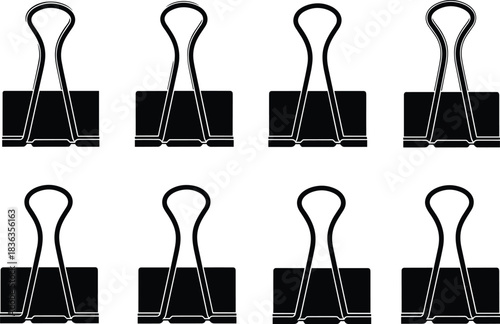 Vector Binder Clip Silhouette Set, Black and White Stationery Icons for Office, Documents, Paperwork, and Business Supplies