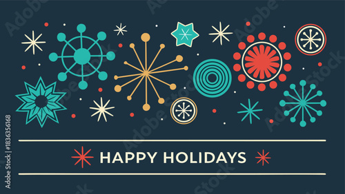 Happy Holidays printable banner, card, vector with Christmas snowflake card, winter, clipart, modern graphic snowflakes, business, Holiday card background, unique, simple style geometric shapes