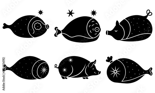 Illustration of stylized black and white pigs and hams with star accents on a white background