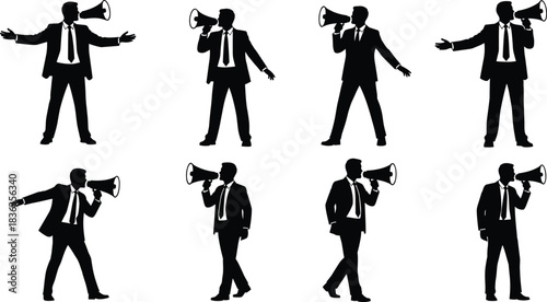 Vector Businessman with Megaphone Silhouette Set, Black and White Figures for Announcement, Marketing, and Communication