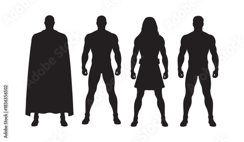 Four diverse human figures standing in a line as a silhouette