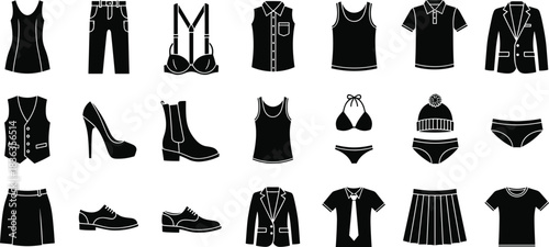 Vector Clothing and Apparel Silhouette Set, Modern Fashion Garments, Shoes, and Accessories for Women and Men Collection