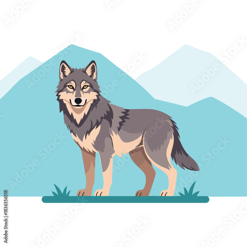 Standing Gray Wolf Illustration in Minimalist Mountain Landscape