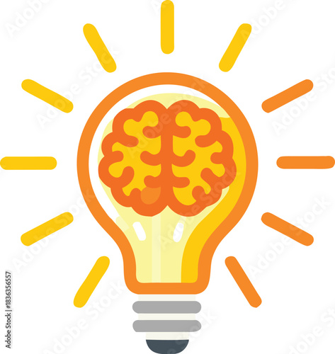 An orange brain inside a lightbulb glows, symbolizing new ideas and innovative solutions