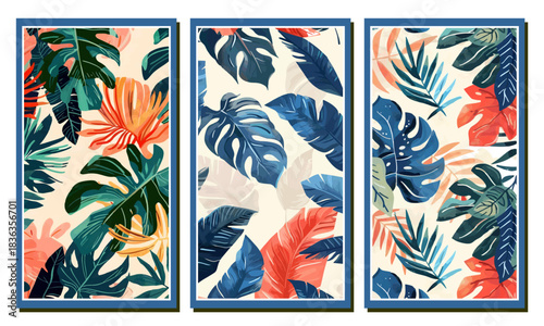 Tropical leaf illustration with colorful monstera and palm foliage, botanical pattern design for nature and summer artwork