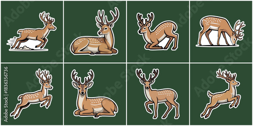 Wild Forest Deer Icon Set Featuring Majestic Stag with Large Antlers in Natural Poses Running Jumping Resting for Hunting Wildlife Education and Outdoor Branding