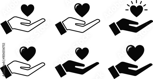 Vector Hand Holding Heart Icons Set, Black Silhouette for Charity, Donation, Health, Love, and Generosity Concepts