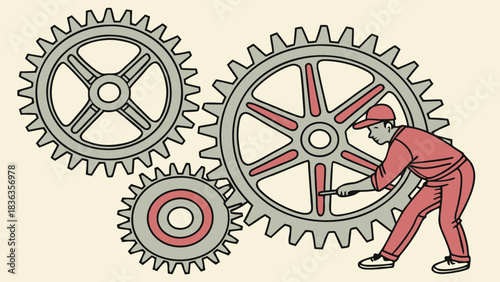 Stylized Illustration of an Engineer Maintaining Machinery