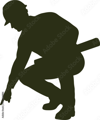 Construction Worker Silhouette Squatting and Pointing Isolated 