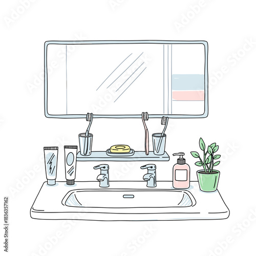 Bathroom sink with mirror, skincare products, and a potted plant  