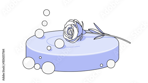 A white rose rests on a pale blue podium surrounded by bubbles