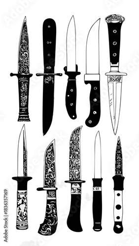 Vintage decorative dagger and knife illustration, ornate antique weapon art for design and engraving reference