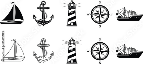 Vector Nautical Icons Set, Sailing Ship, Lighthouse, Compass Rose, and Anchor Silhouettes for Marine, Ocean, and Navigation