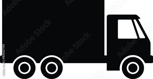 Black delivery truck icon, cargo transport vehicle silhouette, logistics shipping symbol, flat design illustration, transportation concept isolated on white background