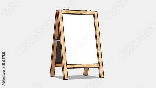 A wooden Aframe easel with a blank white display surface on a white background