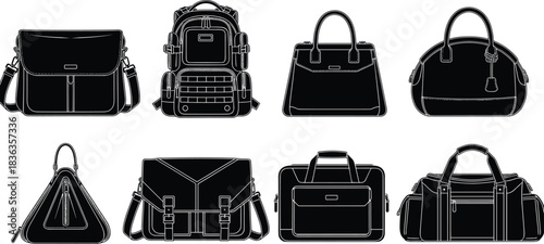 Vector Silhouette Set of Various Modern Bags, Backpacks, Totes, and Luggage for Travel and Daily Use, Isolated Black and White Collection