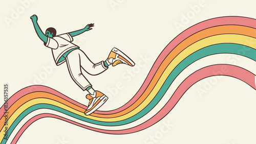 Minimalist Illustration of a Person Surfing a Rainbow