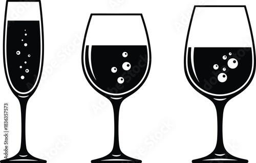 Sparkling Wine Glass Icon Set Featuring Flute, Bowl, and Wide Shapes with Bubbles for Beverage Presentation and Drinkware Illustration