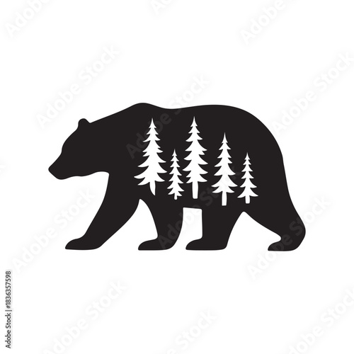 Stylish silhouette of a bear with trees integrated into its form, a creative design element symbolizing nature and the wilderness