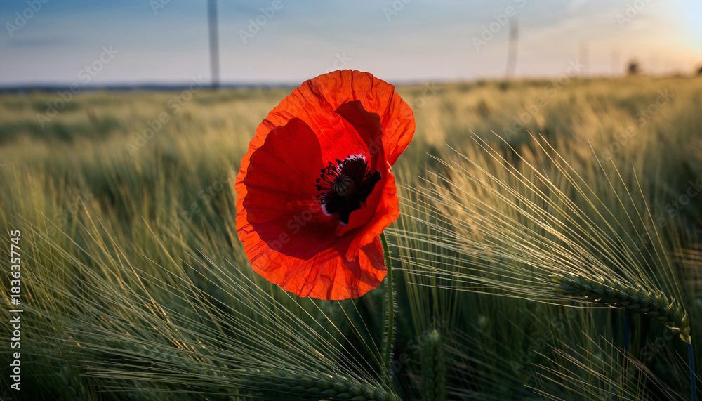 Naklejka premium Vibrant red poppy blooming in a golden wheat field under a soft sunset sky. Evokes nature, peace, remembrance, and beauty. Perfect for editorials, advertising, and heartfelt designs.
