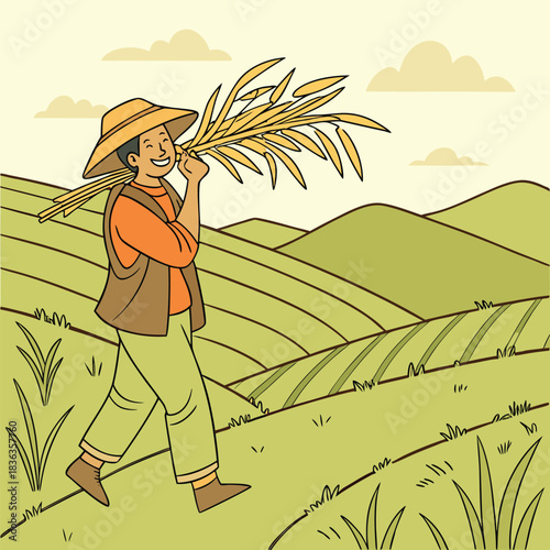 Asian farmer smiles carrying harvested rice plants across the terraced fields in a cartoon style