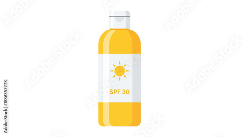 A yellow sunscreen bottle with a white label and a sun icon