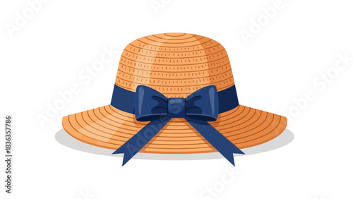 A woven straw hat with a blue ribbon and bow