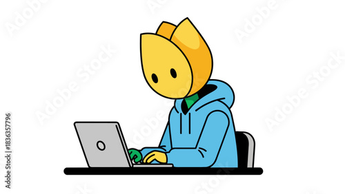 A yellow tulipheaded character in a blue hoodie works on a laptop