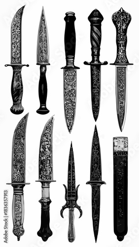 Vintage decorative dagger and knife illustration, ornate antique weapon art for design and engraving reference