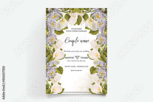 WEDDING INVITATION FRAME WITH FLOWER DECORATIONS AND FRESH LEAVES